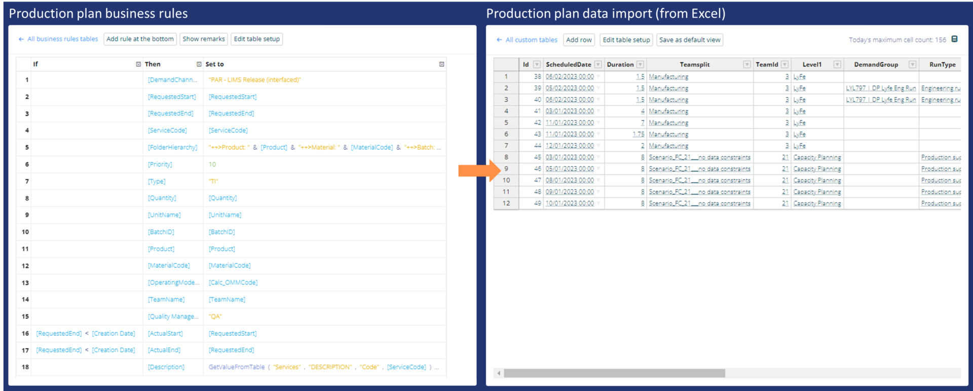 Screenshots showing an example of the business rules that allow an automated workflow to import data directly from Excel, with the resulting data displayed in  a Binocs custom table 