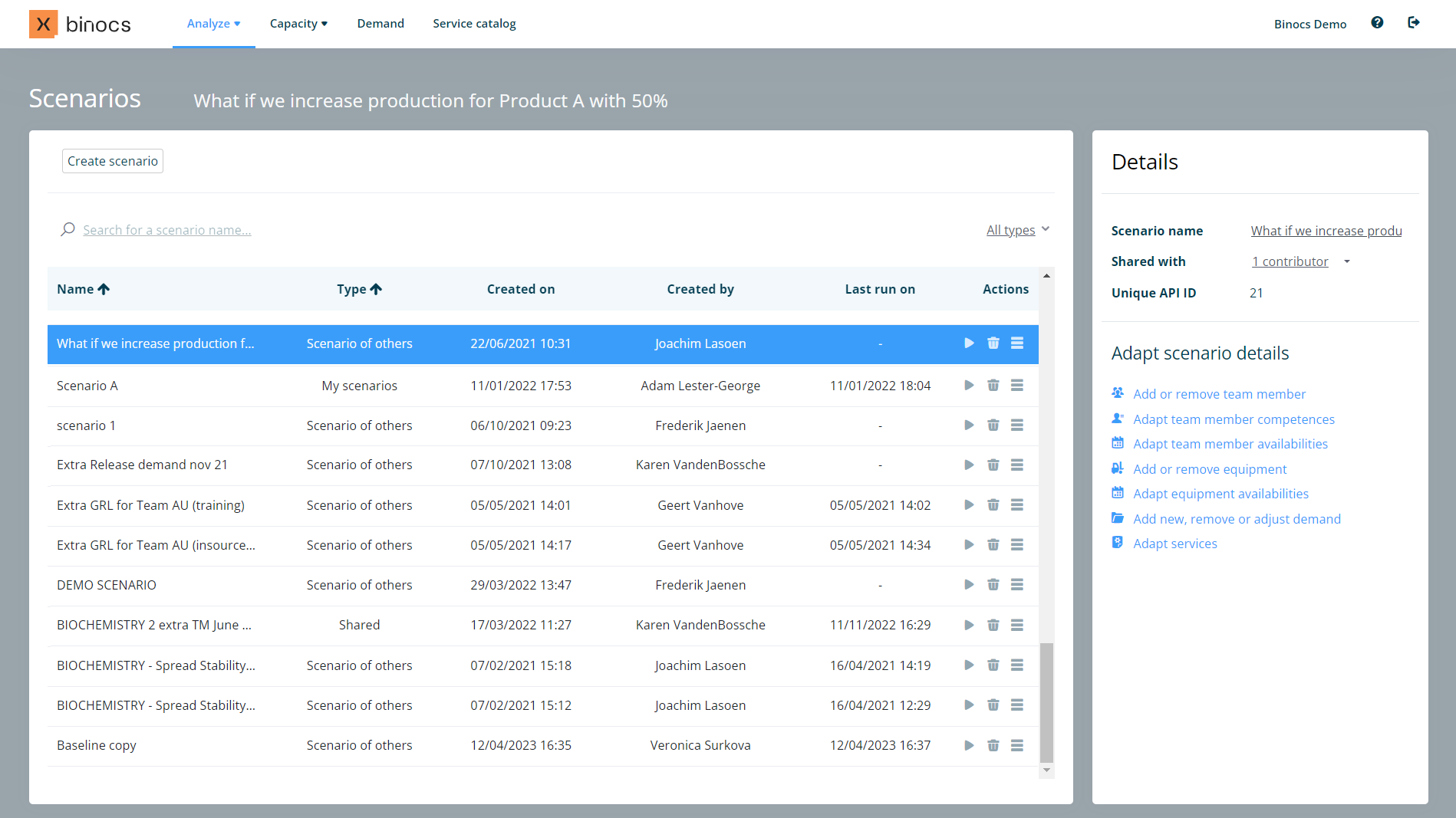 Screenshot of the Binocs scenario manager showing details of different scenarios and actions that can be taken to adapt them