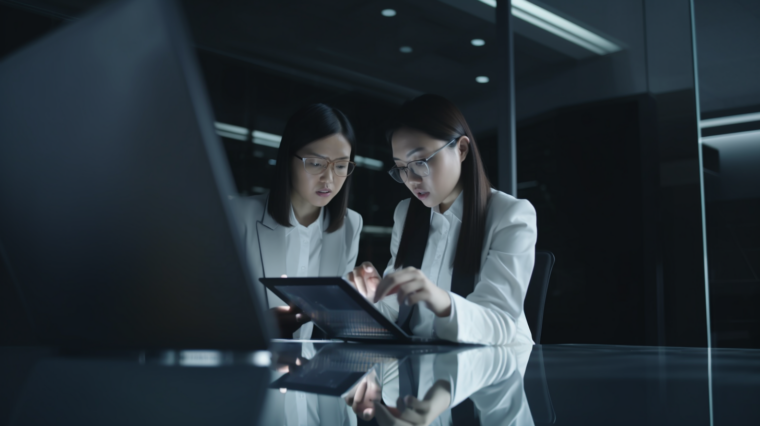 Achieving interoperability in quality functions means connecting both QC and QA. In this image, 2 quality officers are reviewing information on a digital display