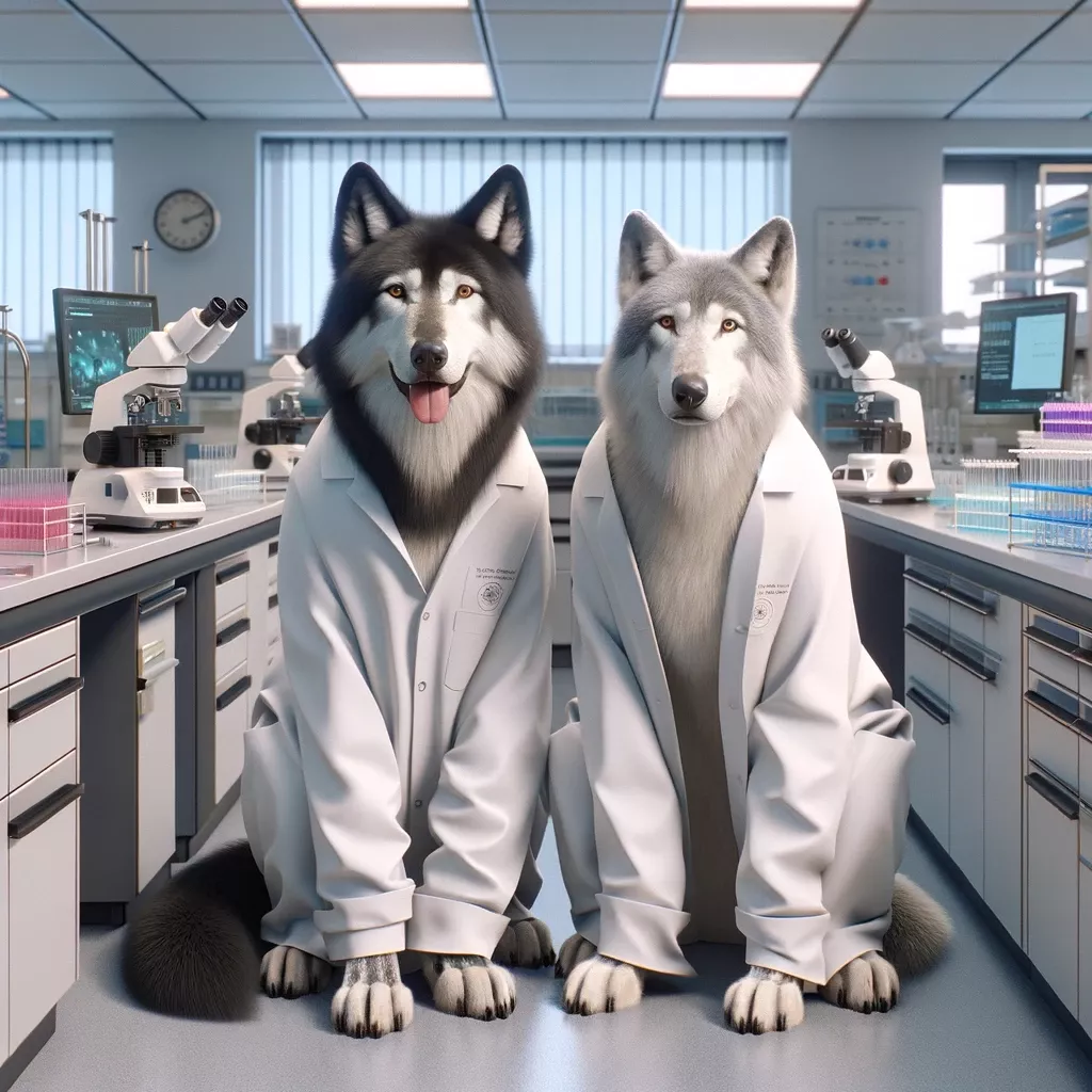DALL E 2023 11 15 17 21 52 A photorealistic image that looks as if it was taken with a DSLR camera showing two real wolves one black and one white sitting on the floor of a p