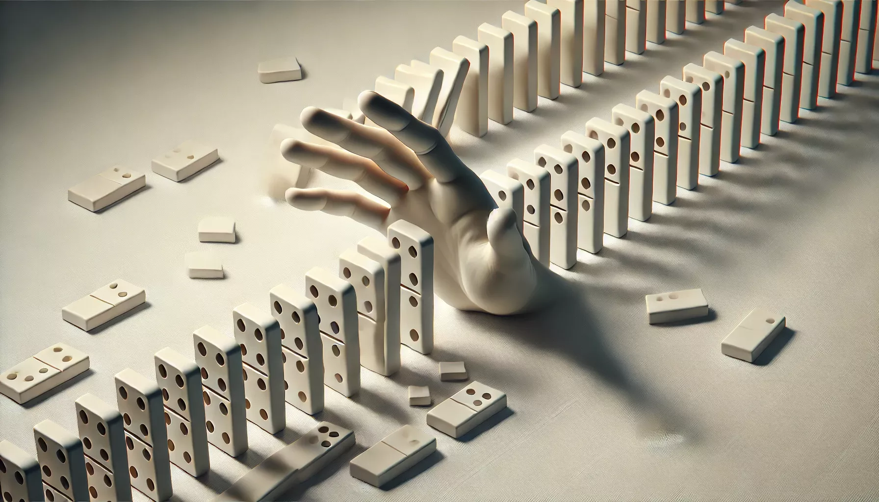 DALL E 2024 07 19 12 03 12 A highly realistic design featuring a line of dominoes with a detailed lifelike hand stopping them from falling The dominoes are plain symbolizing