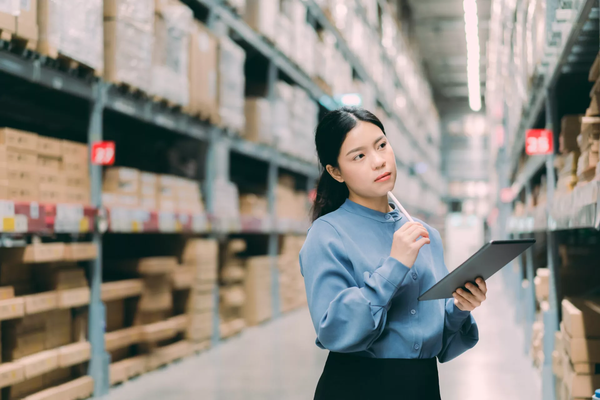 Young smart Asian business working woman thinking while using digital tablet to check goods on shelves for product management  in warehouse, Logistics business planning concept with copy space
