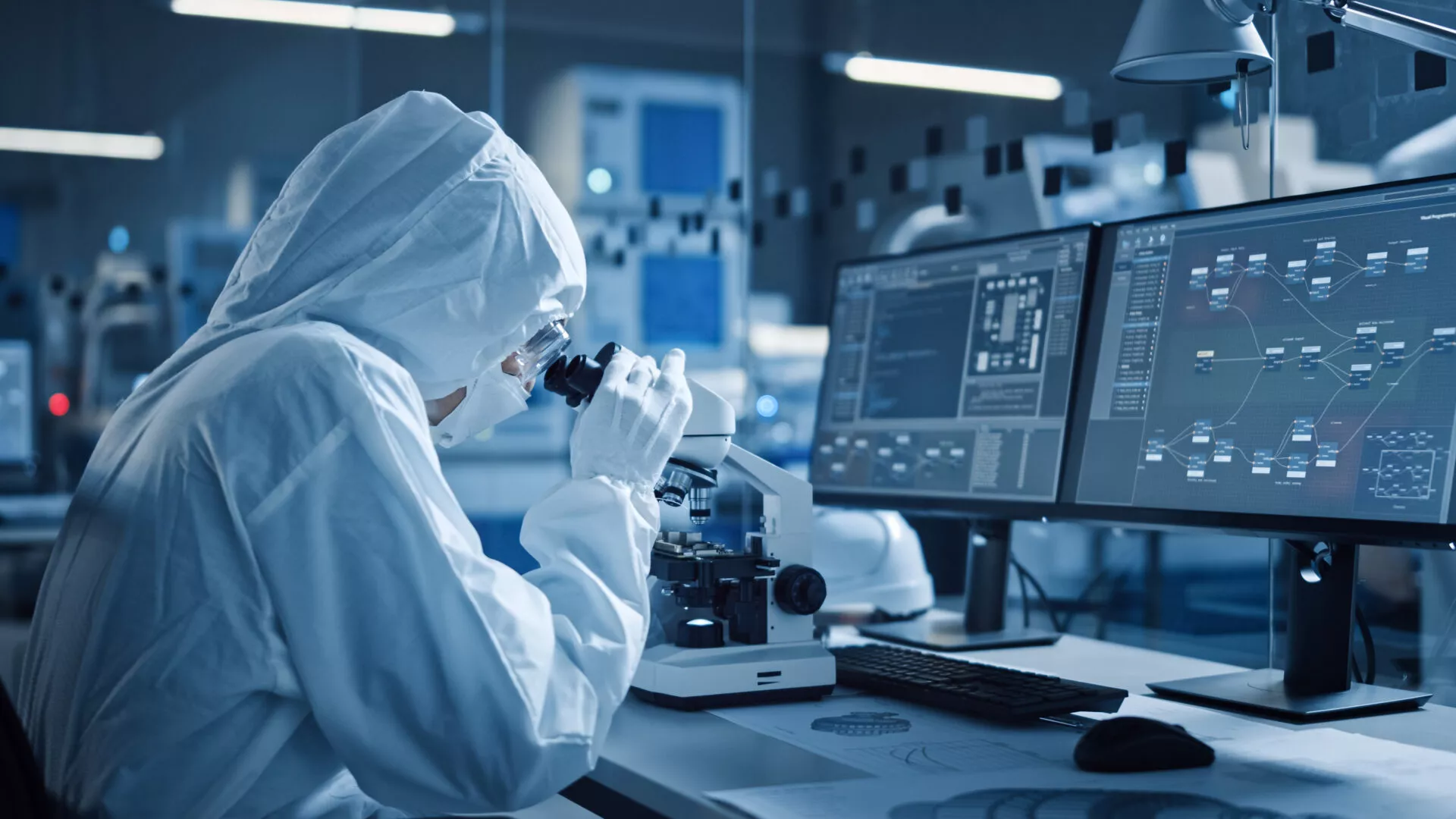 Research Factory Cleanroom: Engineer or Scientist in Coveralls Works on Computers, Uses Microscope to Inspect Motherboard Microprocessor, Developing Electronics for Medical Electronics
