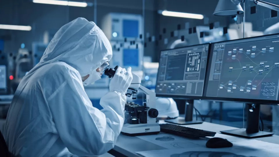 Research Factory Cleanroom: Engineer or Scientist in Coveralls Works on Computers, Uses Microscope to Inspect Motherboard Microprocessor, Developing Electronics for Medical Electronics