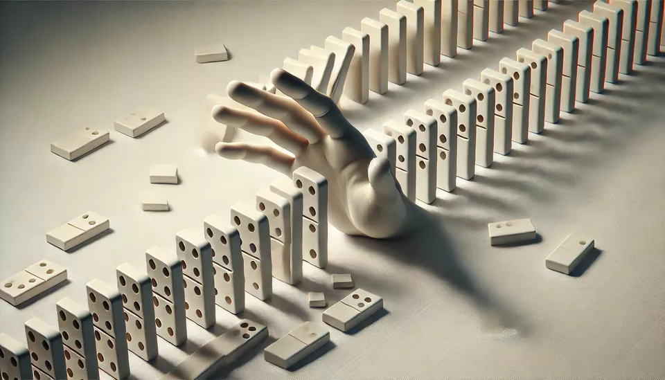 DALL E 2024 07 19 12 03 12 A highly realistic design featuring a line of dominoes with a detailed lifelike hand stopping them from falling The dominoes are plain symbolizing