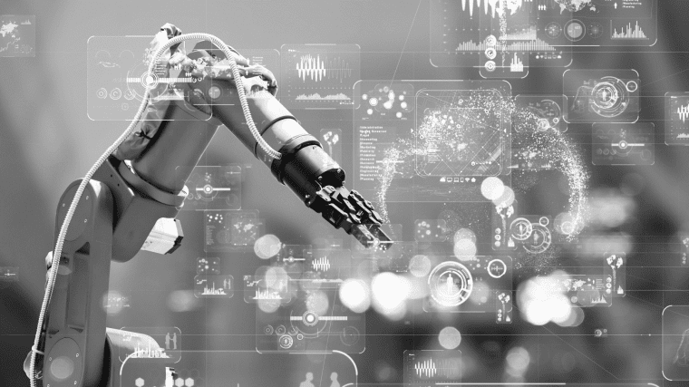 A robotic arm amid several graphs and charts representing how to break through efficiency plateaus in operations
